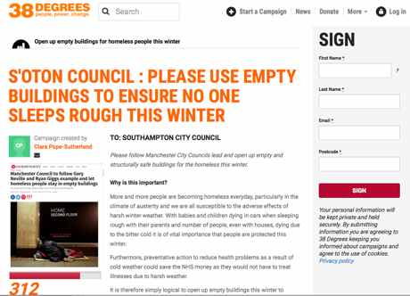 38 degrees homeless petition