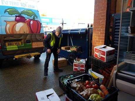loading veg boxes to bike with Nic 2k